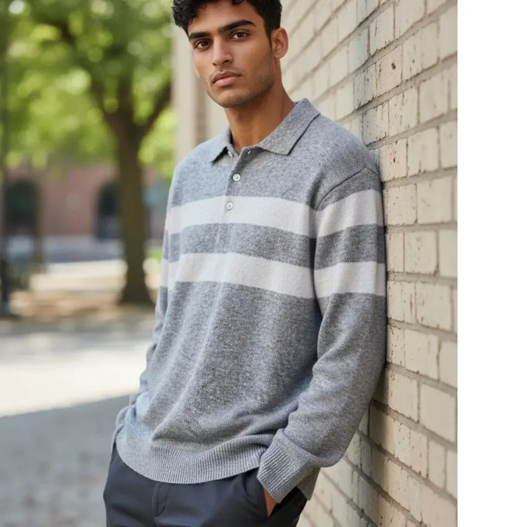 American Eagle Sweater Gray Cream Striped Polo SZ Med Tall Preppy Y2K Mens